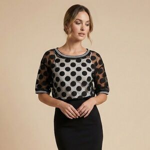 0301 - Katherine Barclay Black Sheer Top with Black Polka Dots